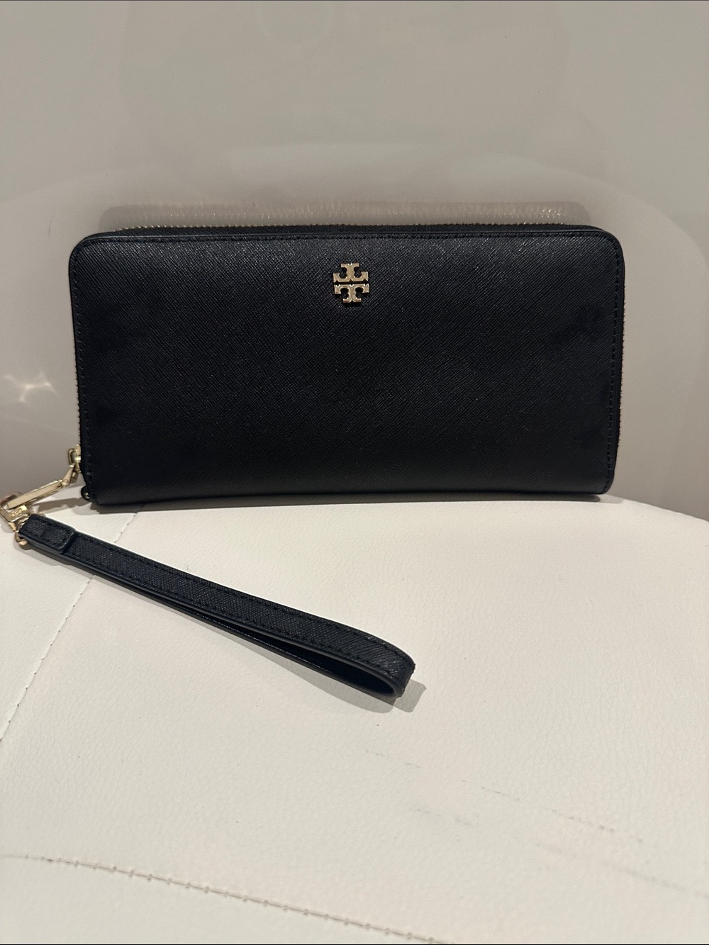 Tory Burch Black Saffiano Zip Wristlet with Gold Logo